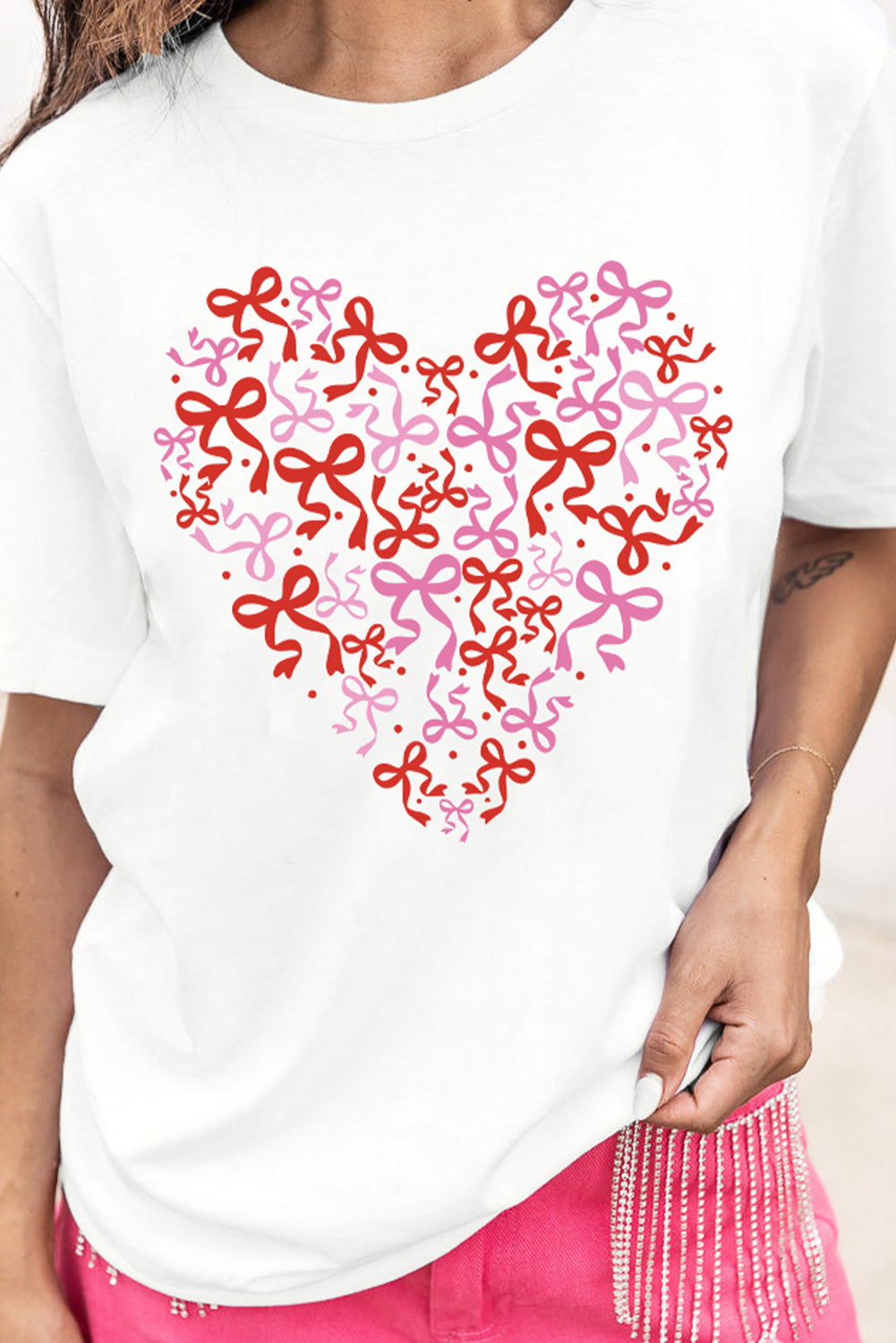 White Bowknot Heart Printed Crewneck Valentines Tee