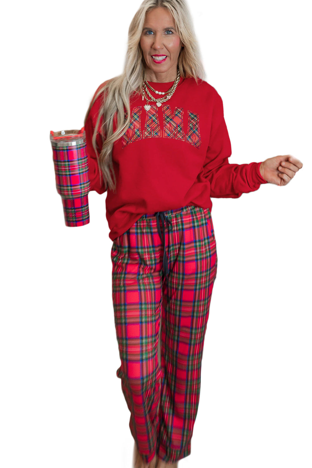 Red Plaid MAMA Graphic Christmas Holiday Crewneck Pullover and Pants Lounge Set