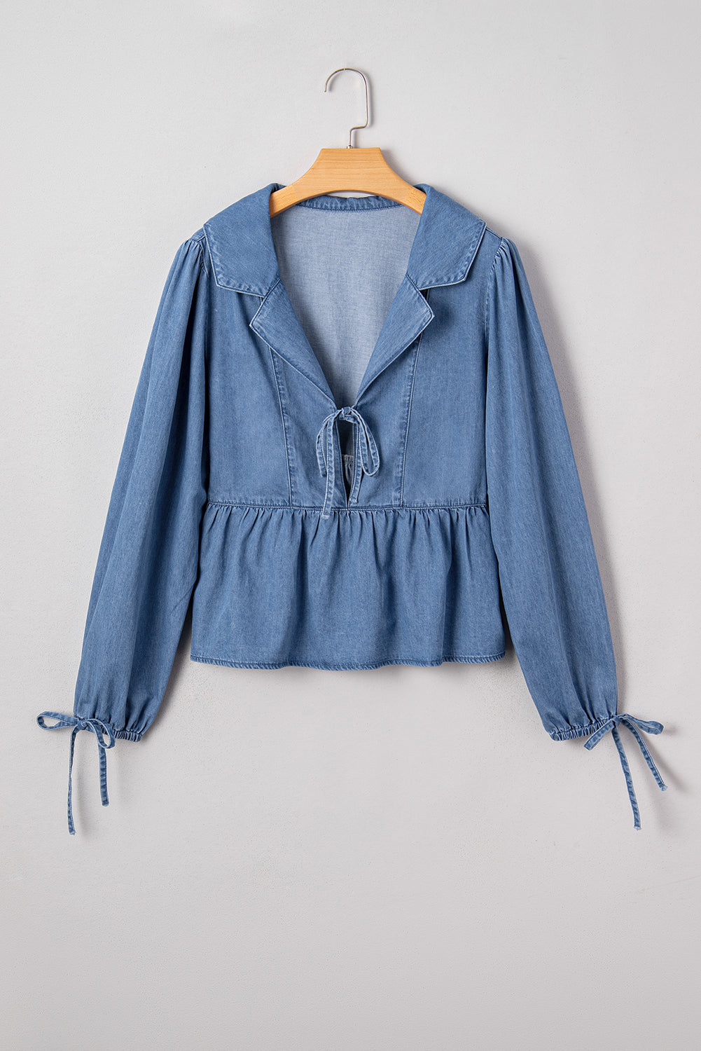 Deidra Blue Denim Lapel Neck Balloon Sleeve Tied Peplum Top