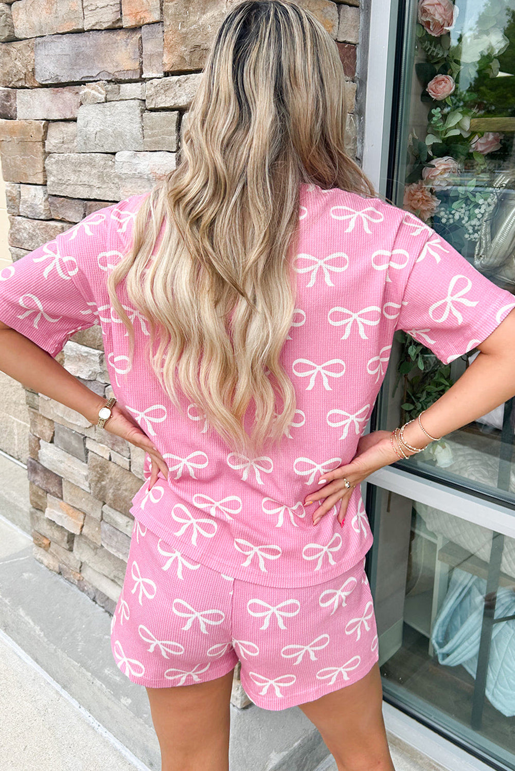 Pink Waffle Knit Bowknot Printed V Neck T Shirt And Shorts Set