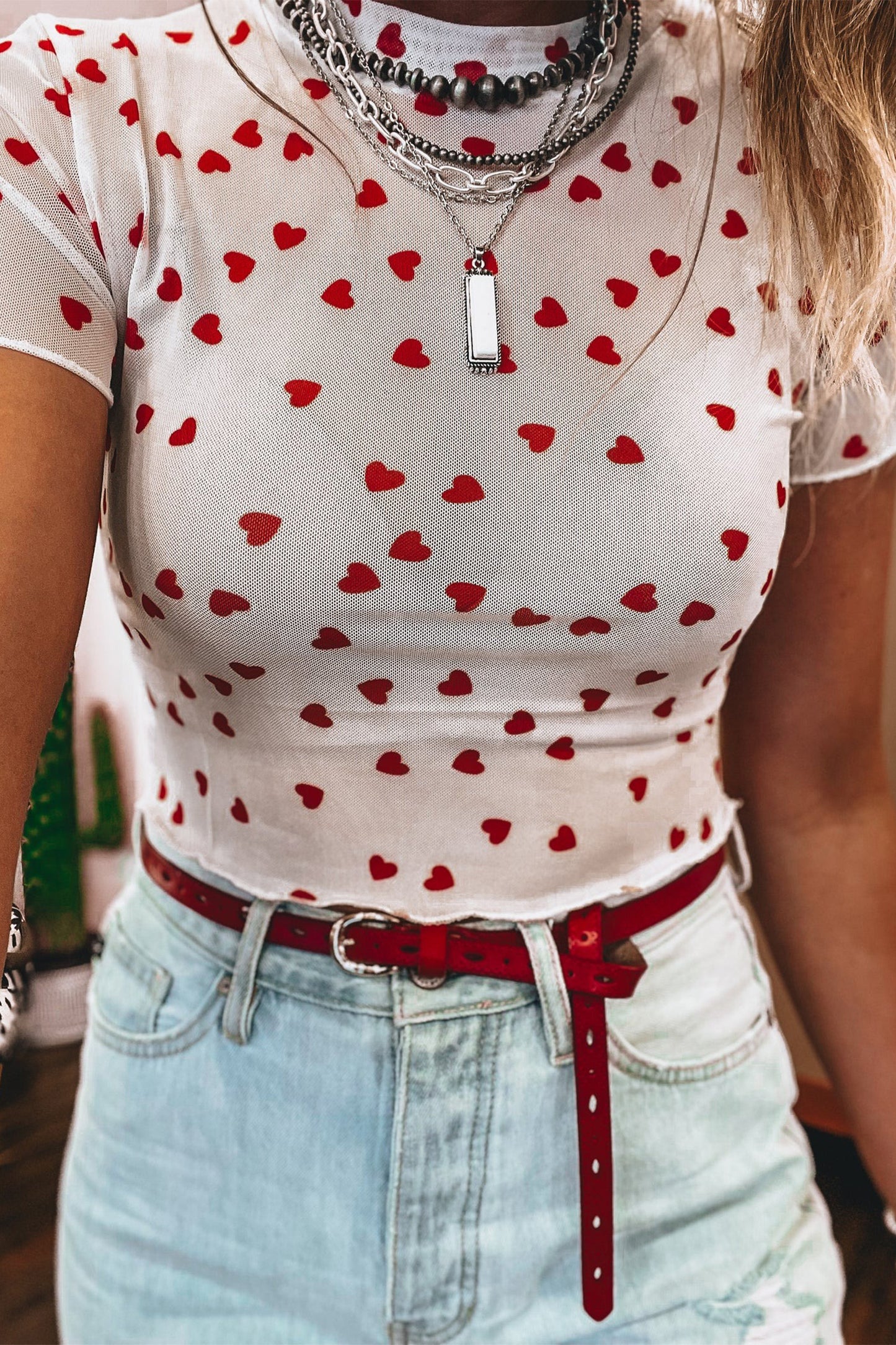 Red Allover Heart Print Mesh Short Sleeve Top