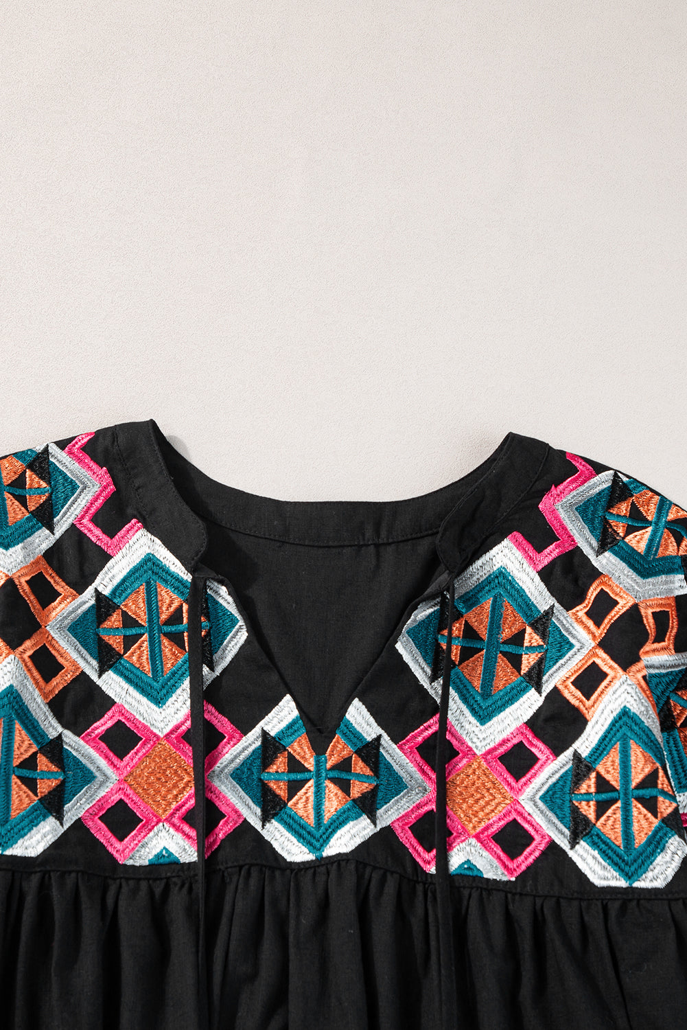 Wholesale Black Geometric Embroidered Smocked Neck Puff Sleeve Top