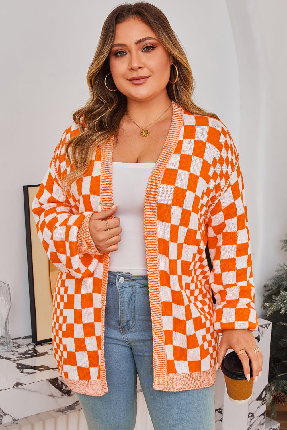 Bonnie Checkered Plus Size Drop Shoulder Knit Cardigan