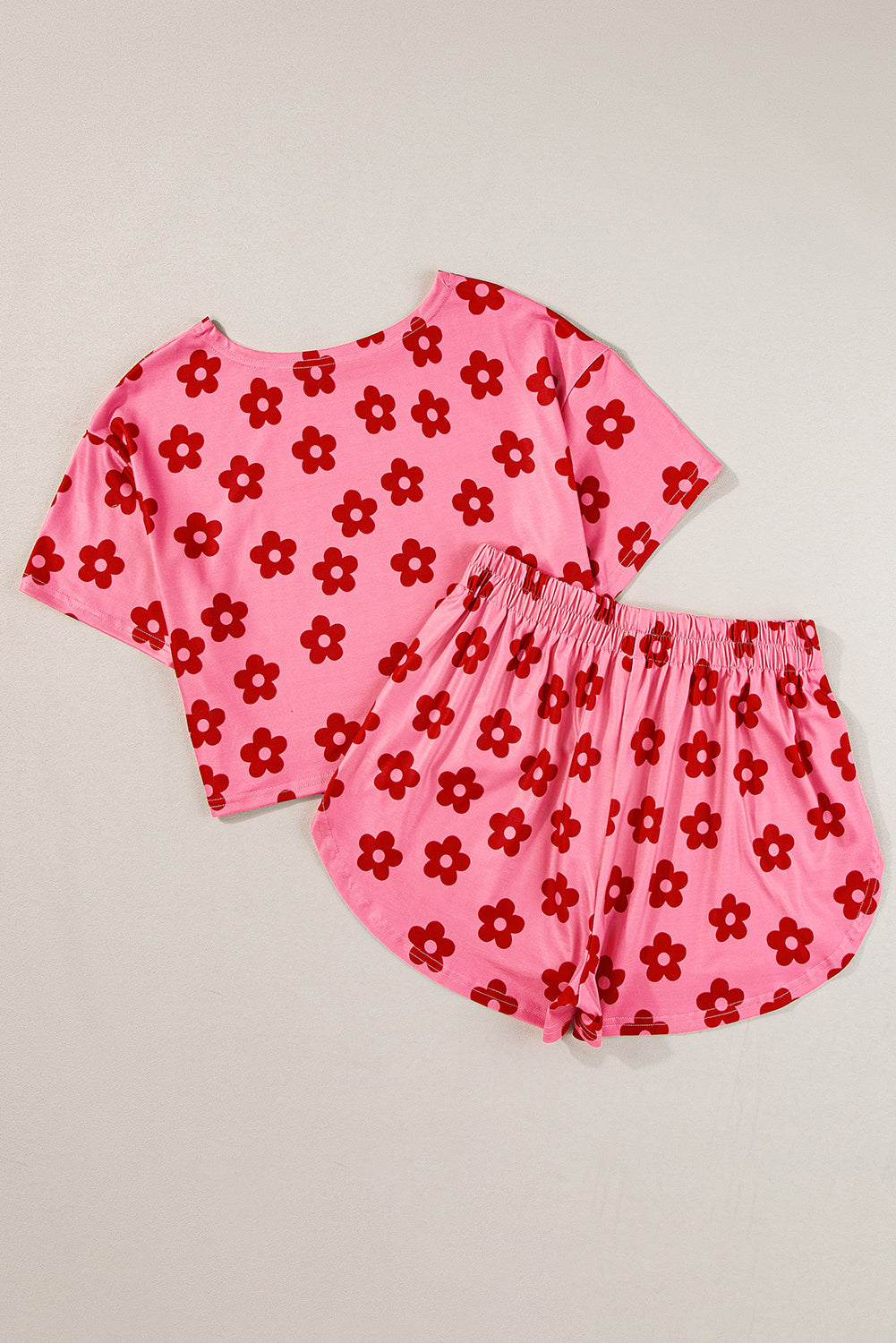 Rose Floral Print Crop Tee and Slits Shorts Pajama Set