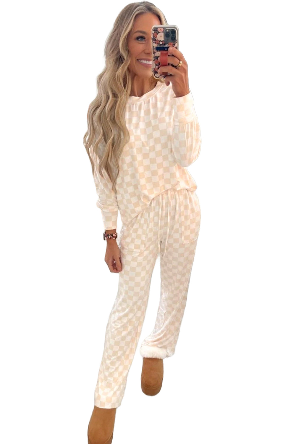 Beige Checkered Print Long Sleeve Loose Fit Pajama Set