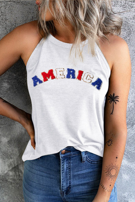 Wholesale White Chenille AMERICA Graphic Halter Tank Top