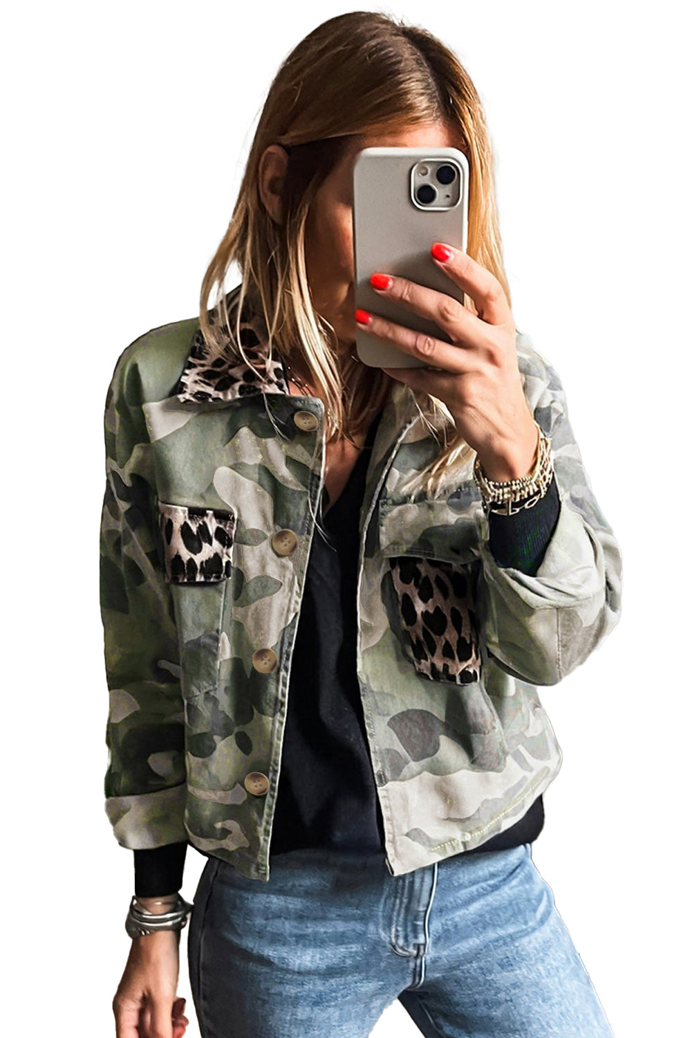 Taylor Camouflage Leopard Patchwork Flap Pocket Collared Jacket