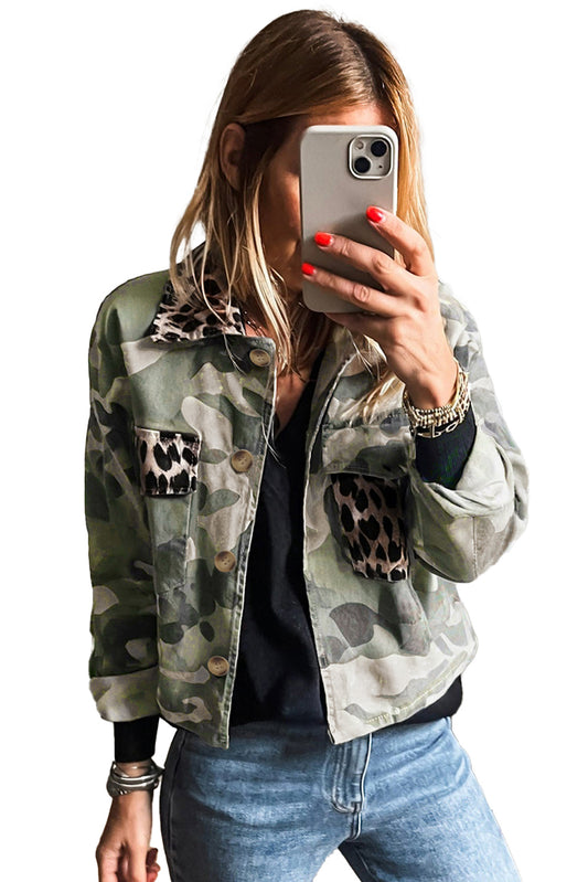 Taylor Camouflage Leopard Patchwork Flap Pocket Collared Jacket