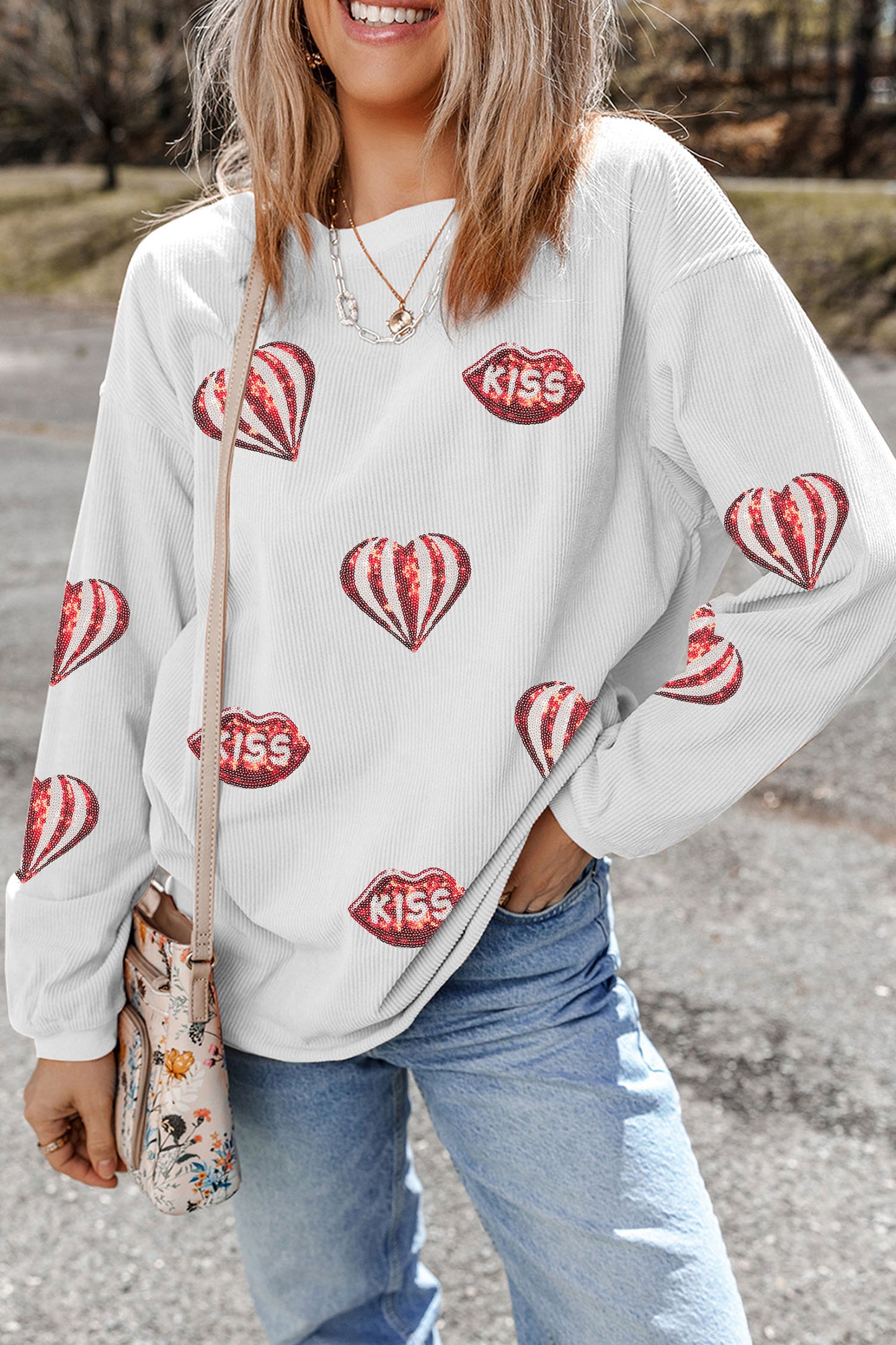 White Corded Ribbed Sequin Patched Valentines Day Graphic Sweatshirt