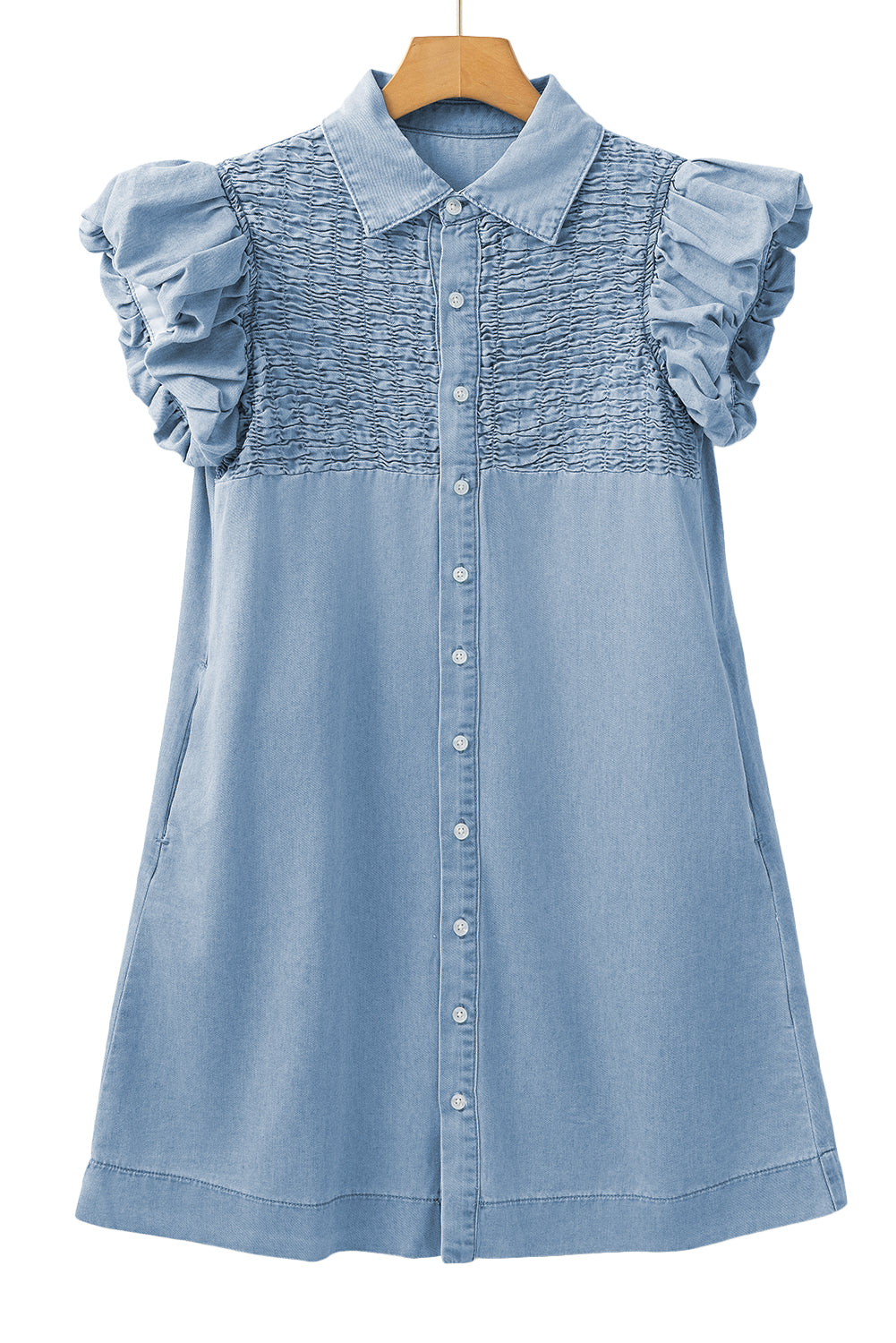 Beau Blue Flutter Sleeve Shirred Button Up Denim Mini Dress