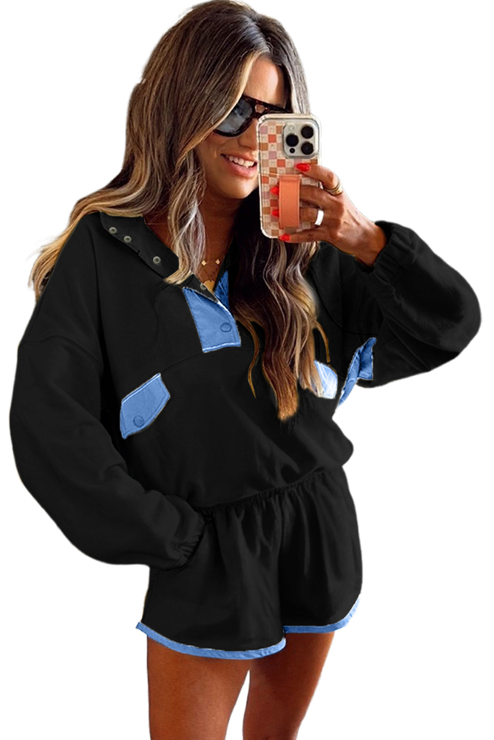 Red Dahlia Colorblock Patchwork Half Button Pullover and Shorts Outfit