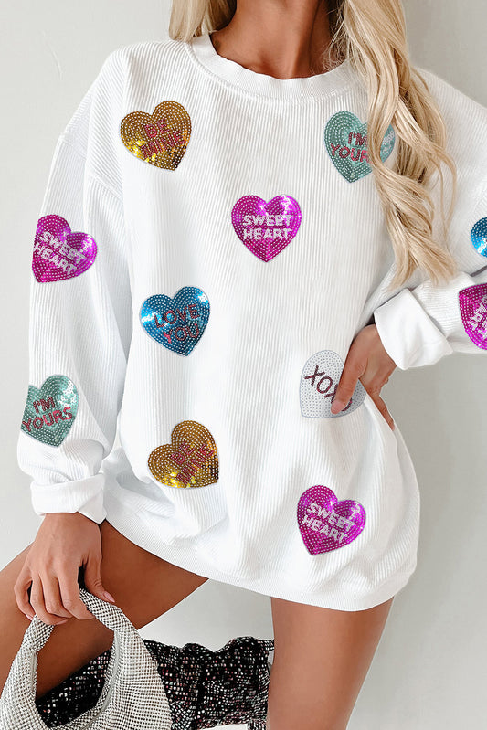 White Letter Print Heart Graphic Valentines Corded Crewneck Sweatshirt