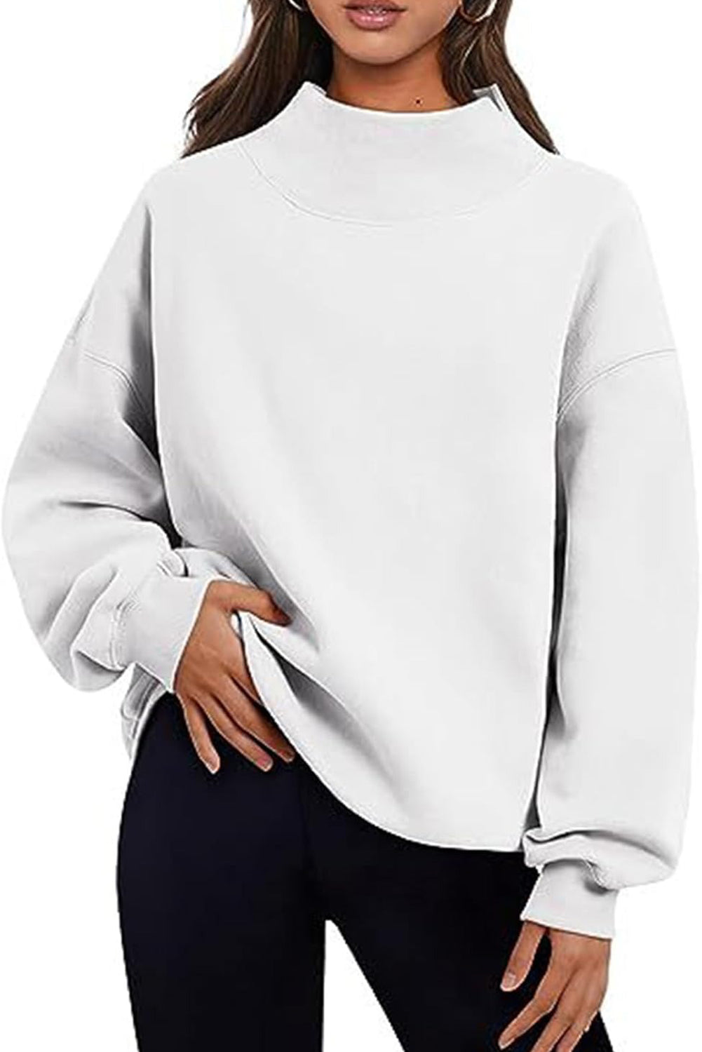 Lenny Grey Solid Color High Neck Long Sleeve Loose Sweatshirt