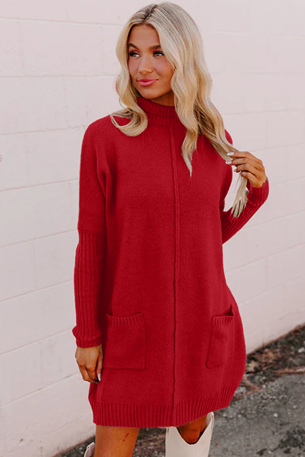 Fiery Red Ribbed High Neck Front Pockets Center Seam Sweater Dress