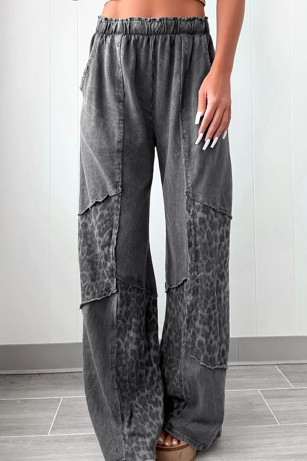 Coffee Mineral Wash Leopard Patchwork Loose Pants