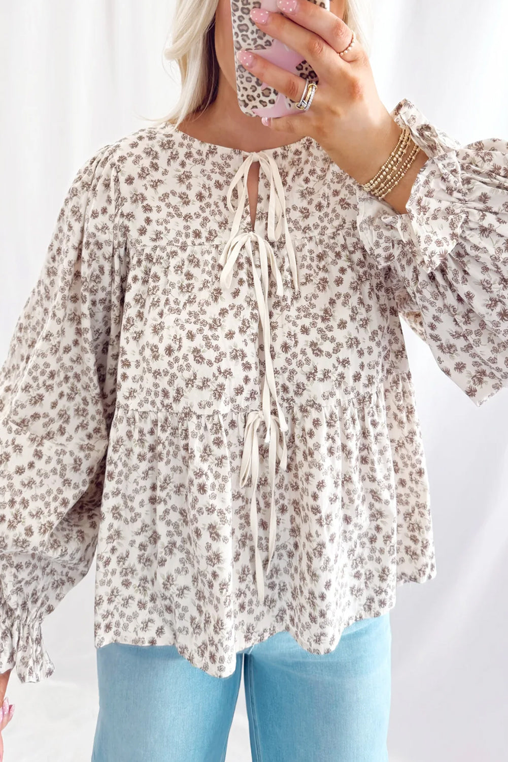 White Bow Tie Front Floral Print Flounce Sleeve Peplum Blouse