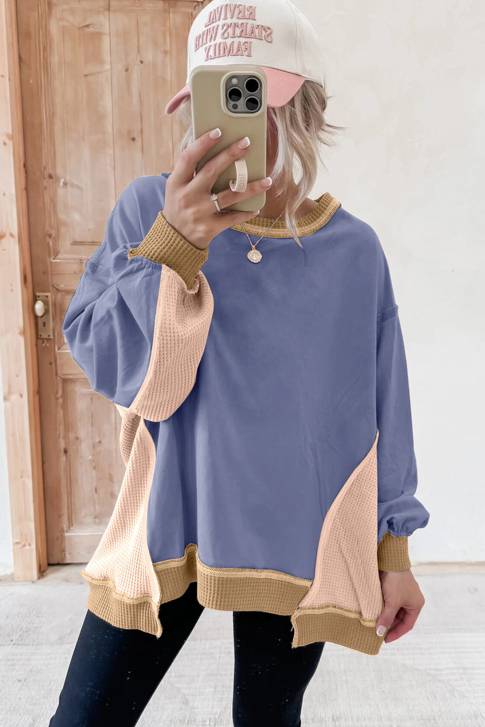 Wendy Colorblock Waffle Patchwork Oversize Sweatshirt