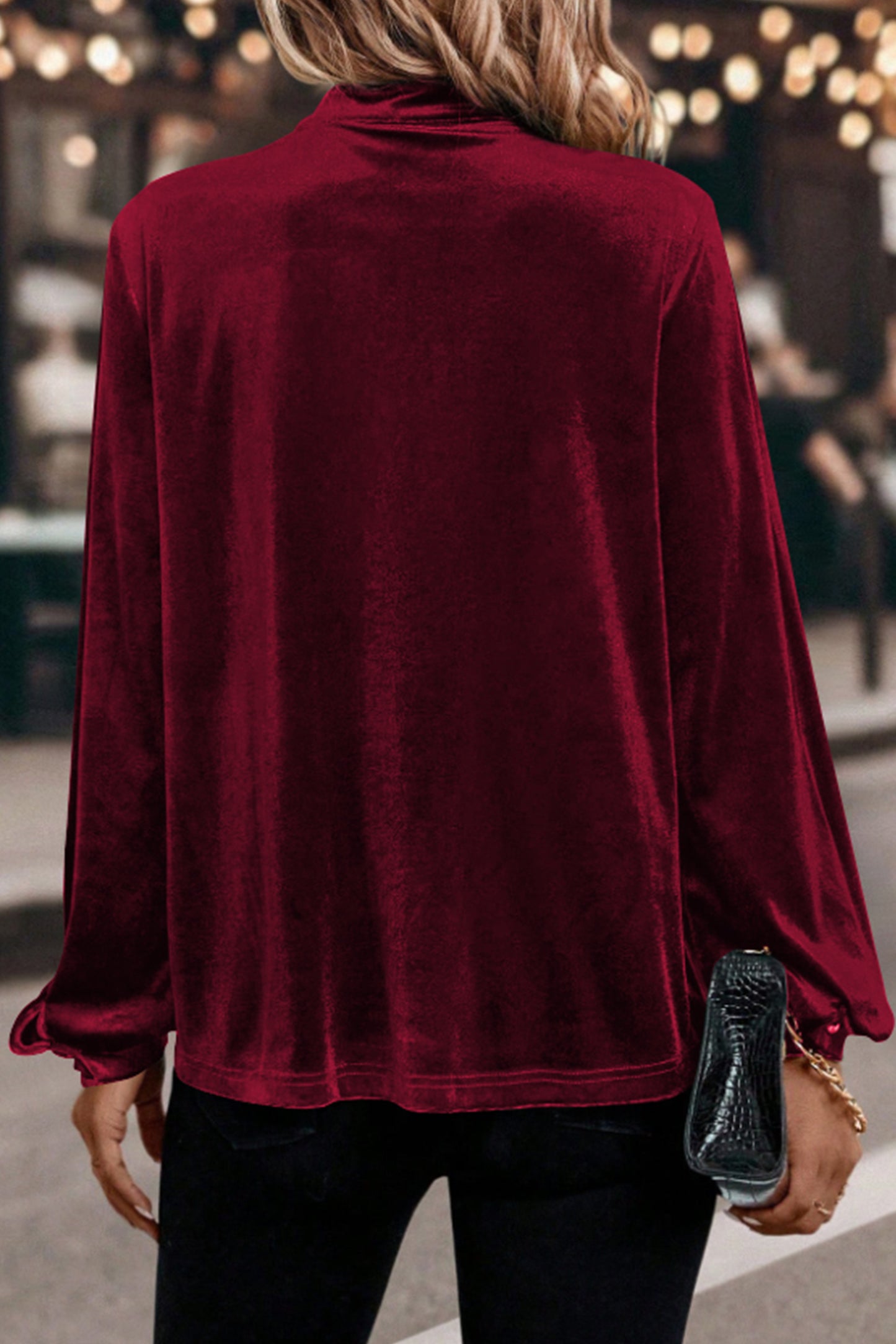 Evergreen Asymmetric Button Keyhole Neck Long Sleeve Velvet Blouse
