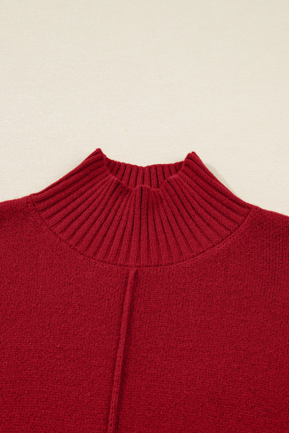 Fiery Red Ribbed High Neck Front Pockets Center Seam Sweater Dress