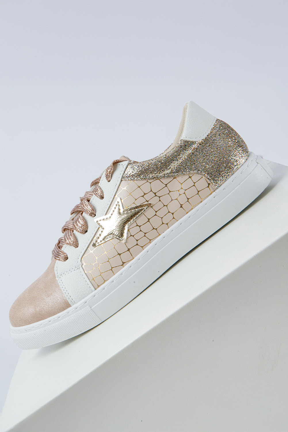 Gold Glitter Star Patchwork PU Leather Lace-up Sneakers