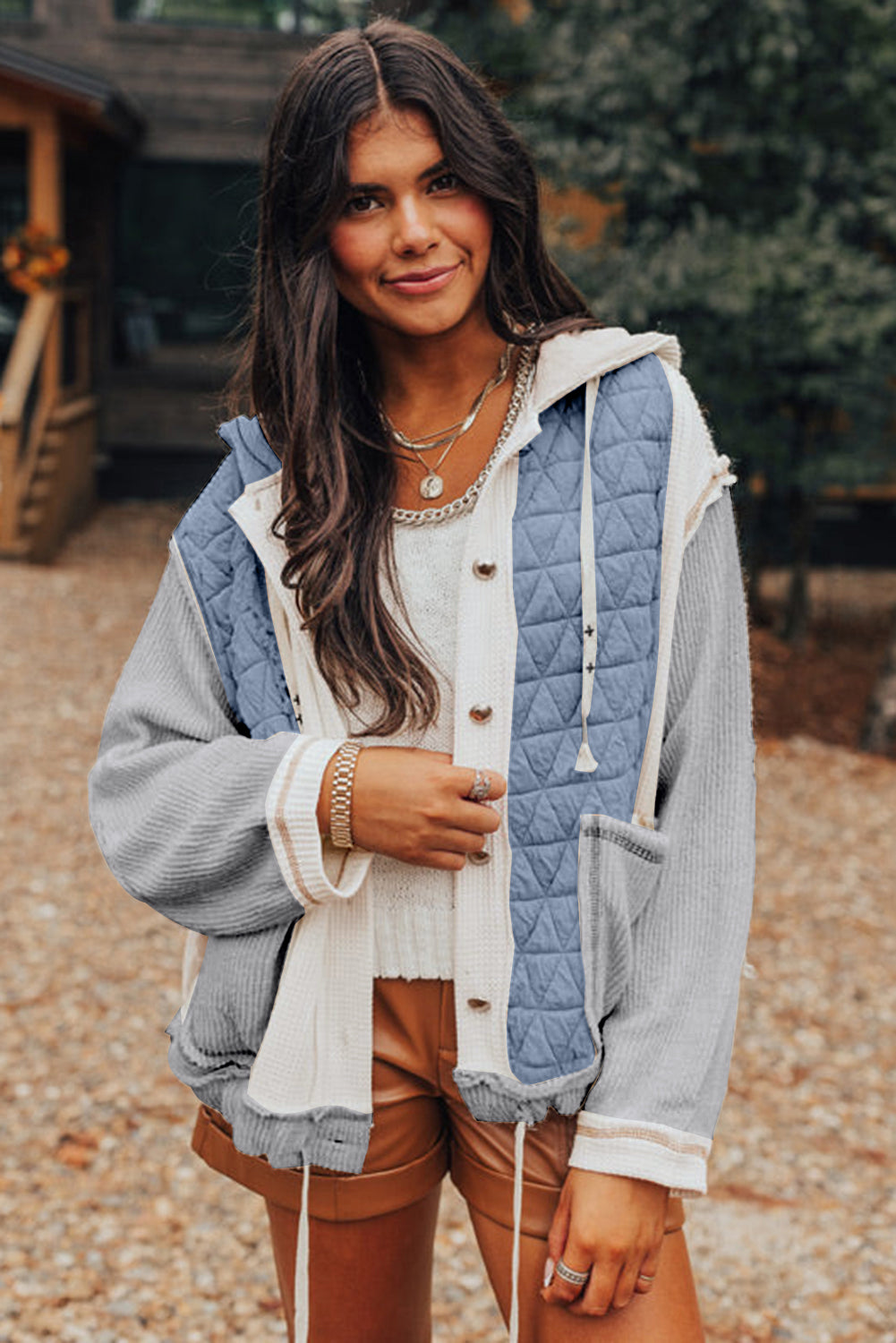 Light Blue Quilted Textured Patchwork Hooded Jacket