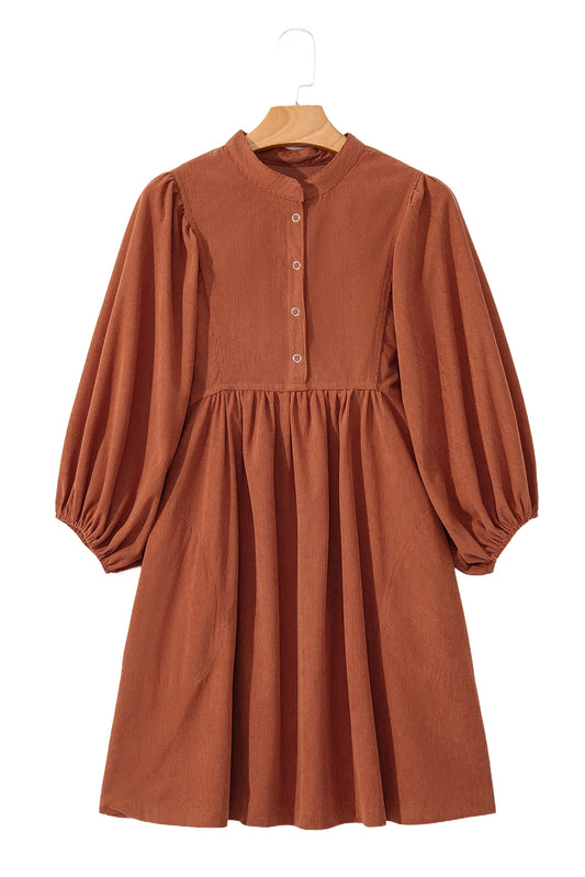 Lilly Snap Button Empire Waist Lantern Sleeve Corduroy Dress