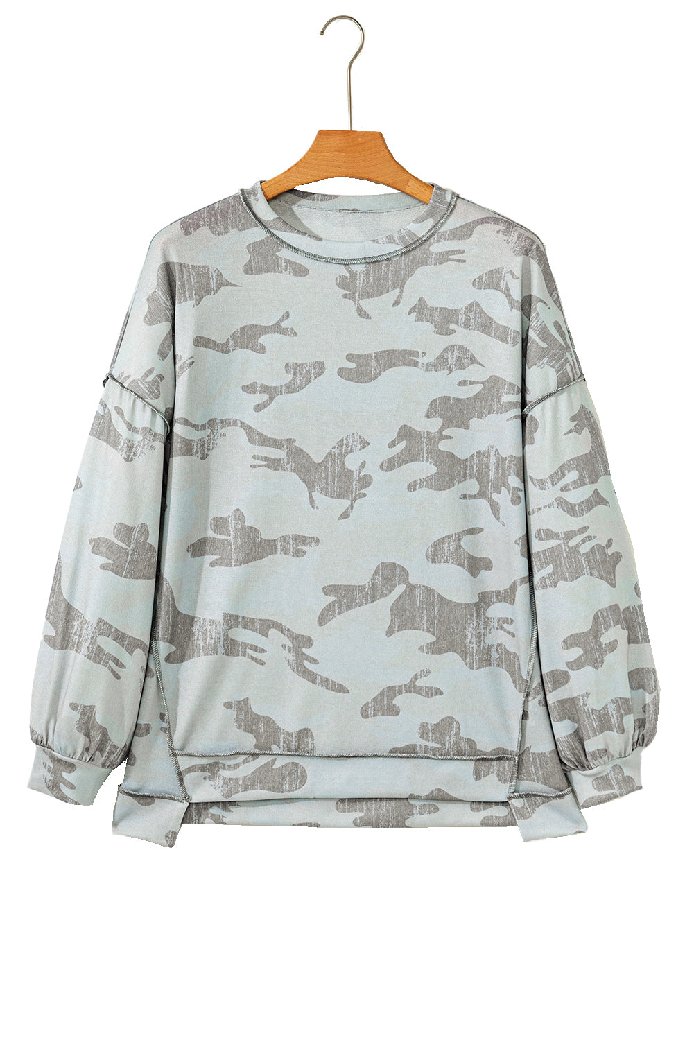 Green Camouflage Print Exposed Seam Drop Shoulder Sweatshirt