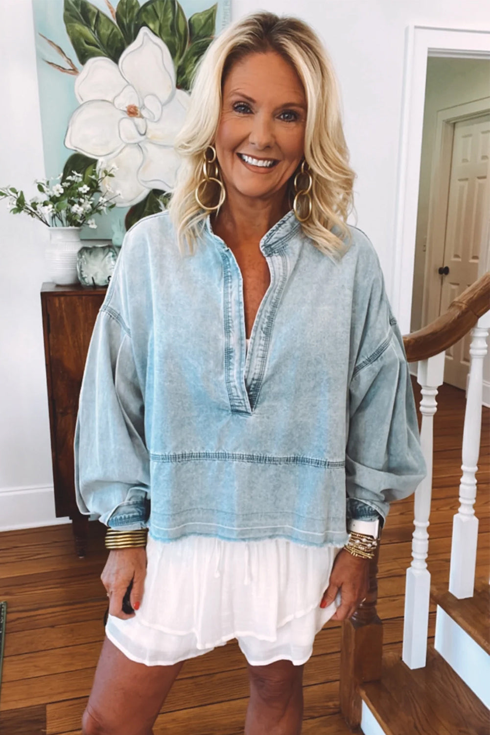 Beau Blue Light Wash Puff Sleeve V Neck Denim Blouse