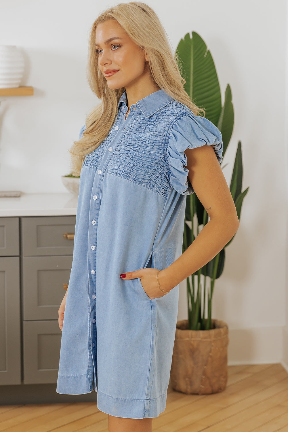 Beau Blue Flutter Sleeve Shirred Button Up Denim Mini Dress