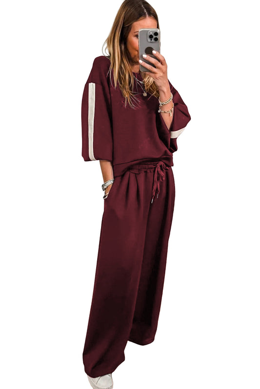 Burgundy Varsity Striped 3/4 Sleeve Pullover Drawstring Sweatpants Set