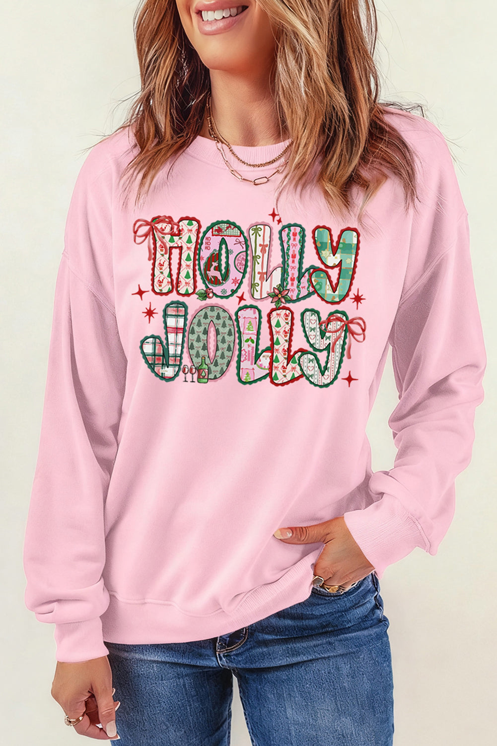 Holly Jolly Christmas Sweatshirt – Pink Holiday Graphic Pullover