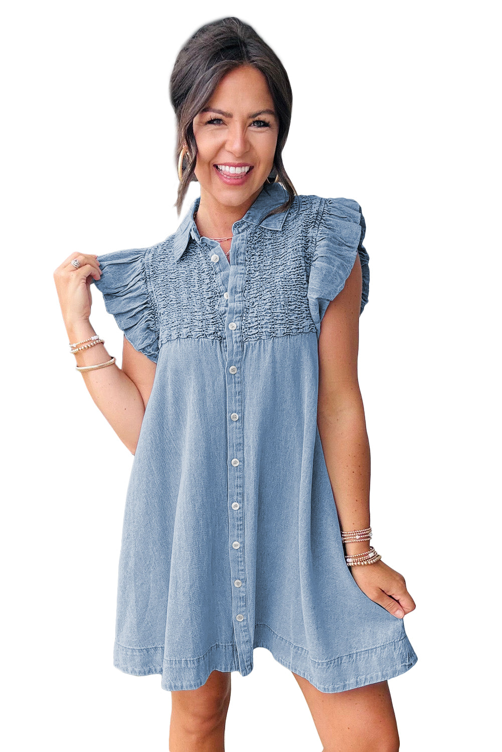 Beau Blue Flutter Sleeve Shirred Button Up Denim Mini Dress