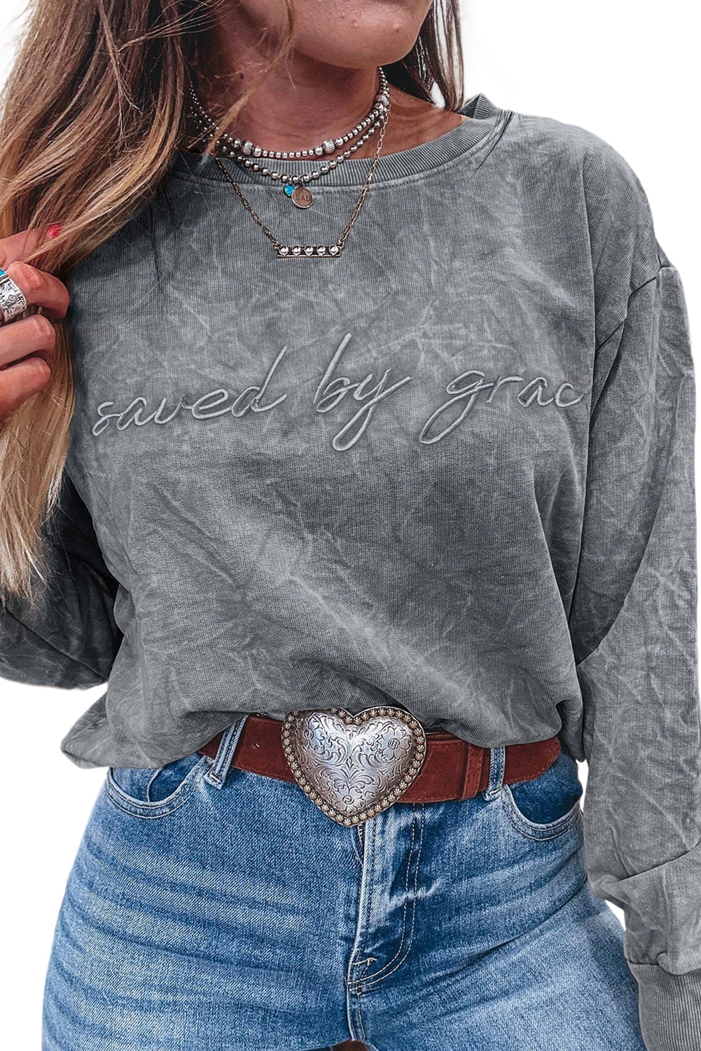 Sea Green  saved by grace Letter Embroidery Mineral Wash Loose Sweatshirt