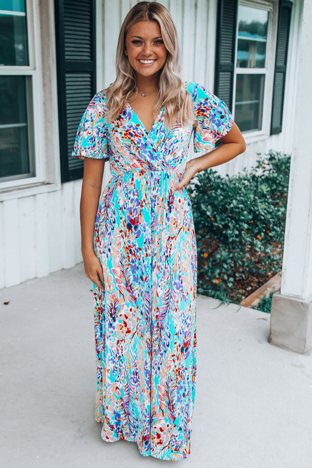 Aubrey Abstract Print Wrap V Neck Flutter Sleeve Mid Length Summer Dress