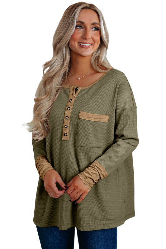 Vineyard Green Waffle Textured Patchwork Tunic Henley Top
