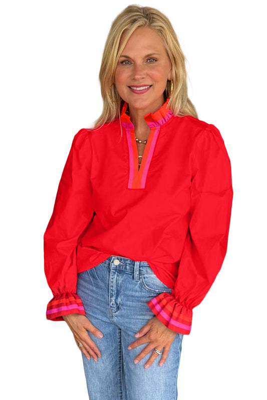 Kate Striped Ruffle Split Neck Long Sleeve Blouse