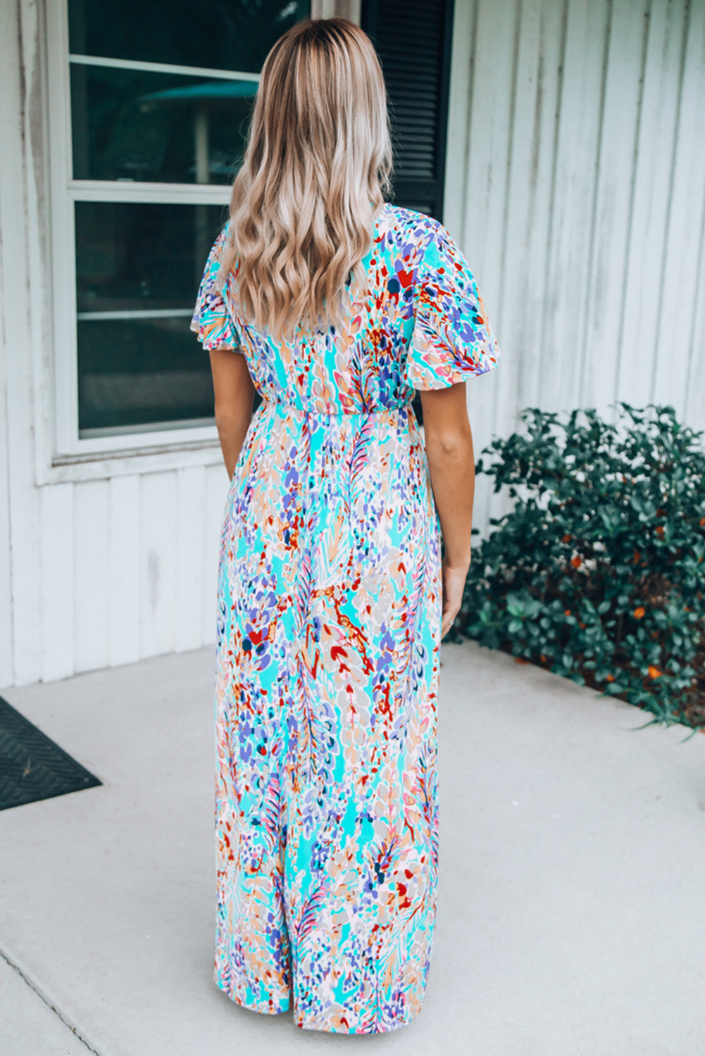 Aubrey Abstract Print Wrap V Neck Flutter Sleeve Mid Length Summer Dress