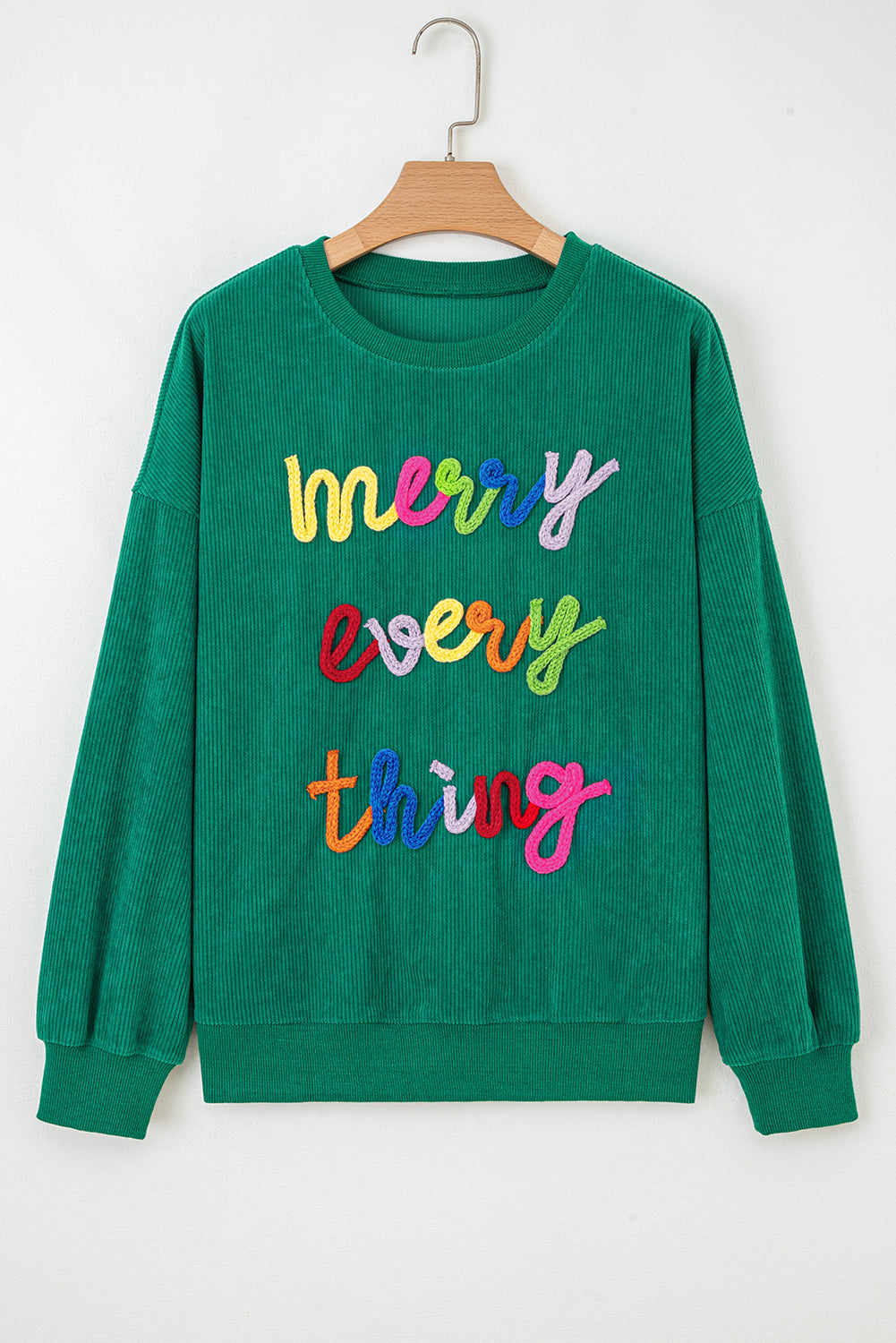 Beige merry everything Letter Graphic Ribbed Loose Sweatshirt