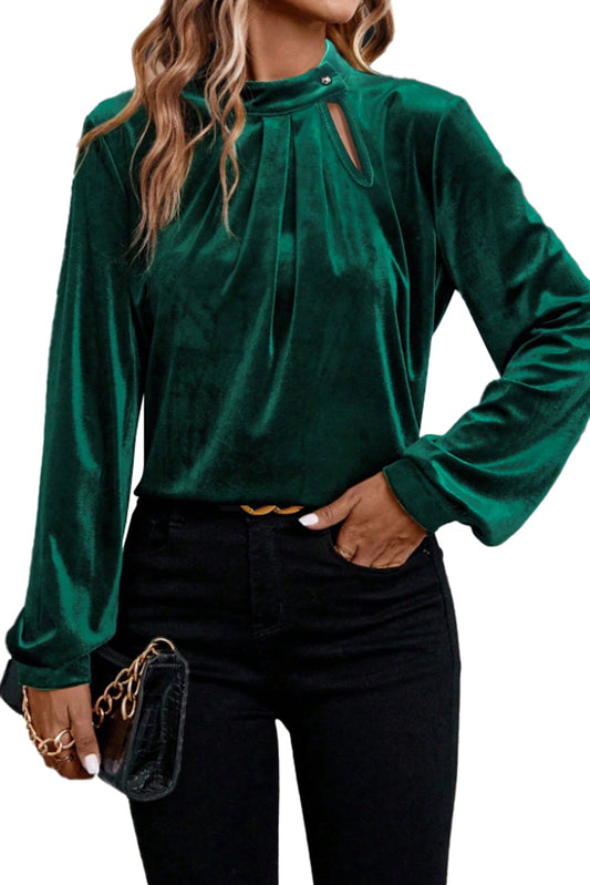 Evergreen Asymmetric Button Keyhole Neck Long Sleeve Velvet Blouse