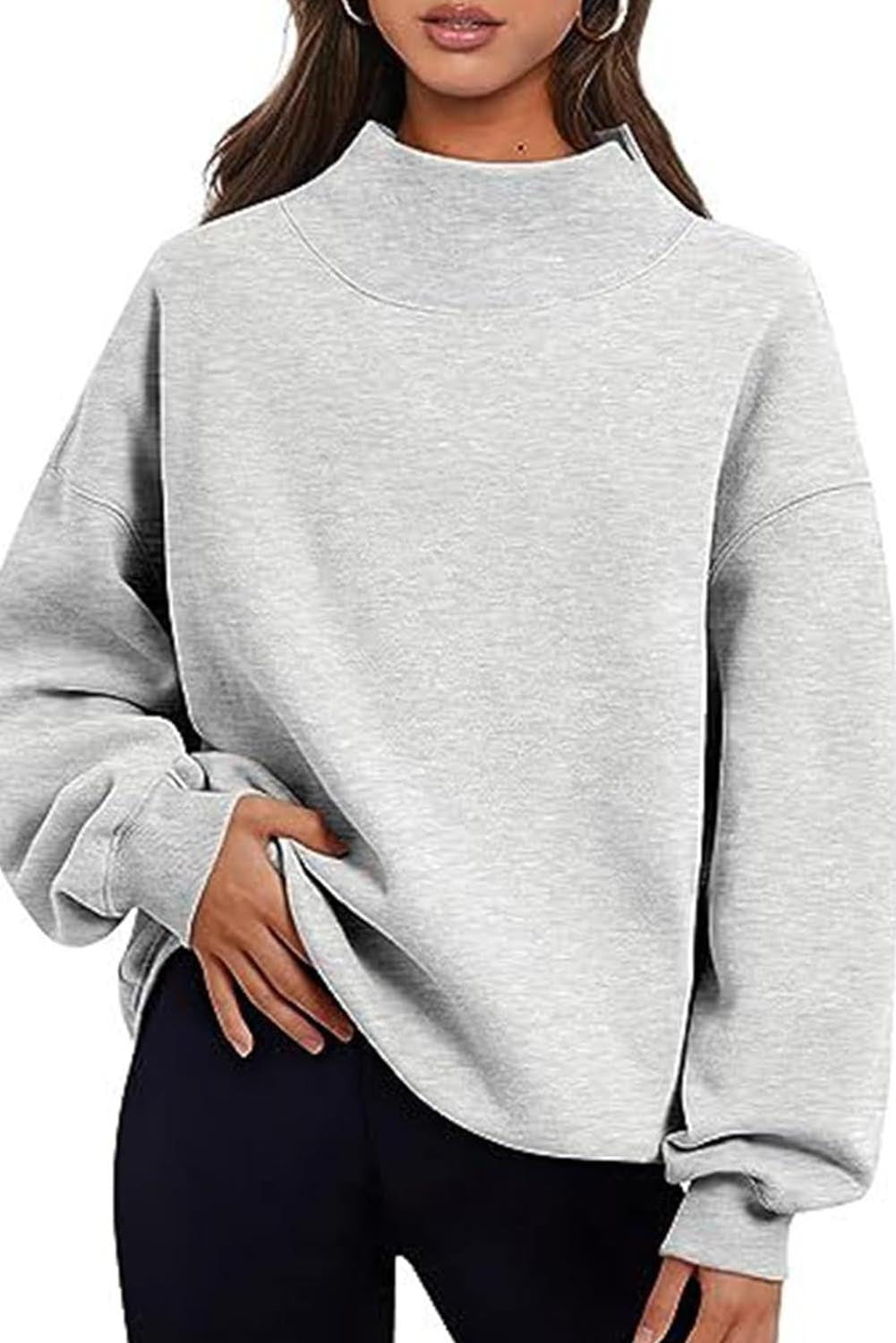 Lenny Grey Solid Color High Neck Long Sleeve Loose Sweatshirt