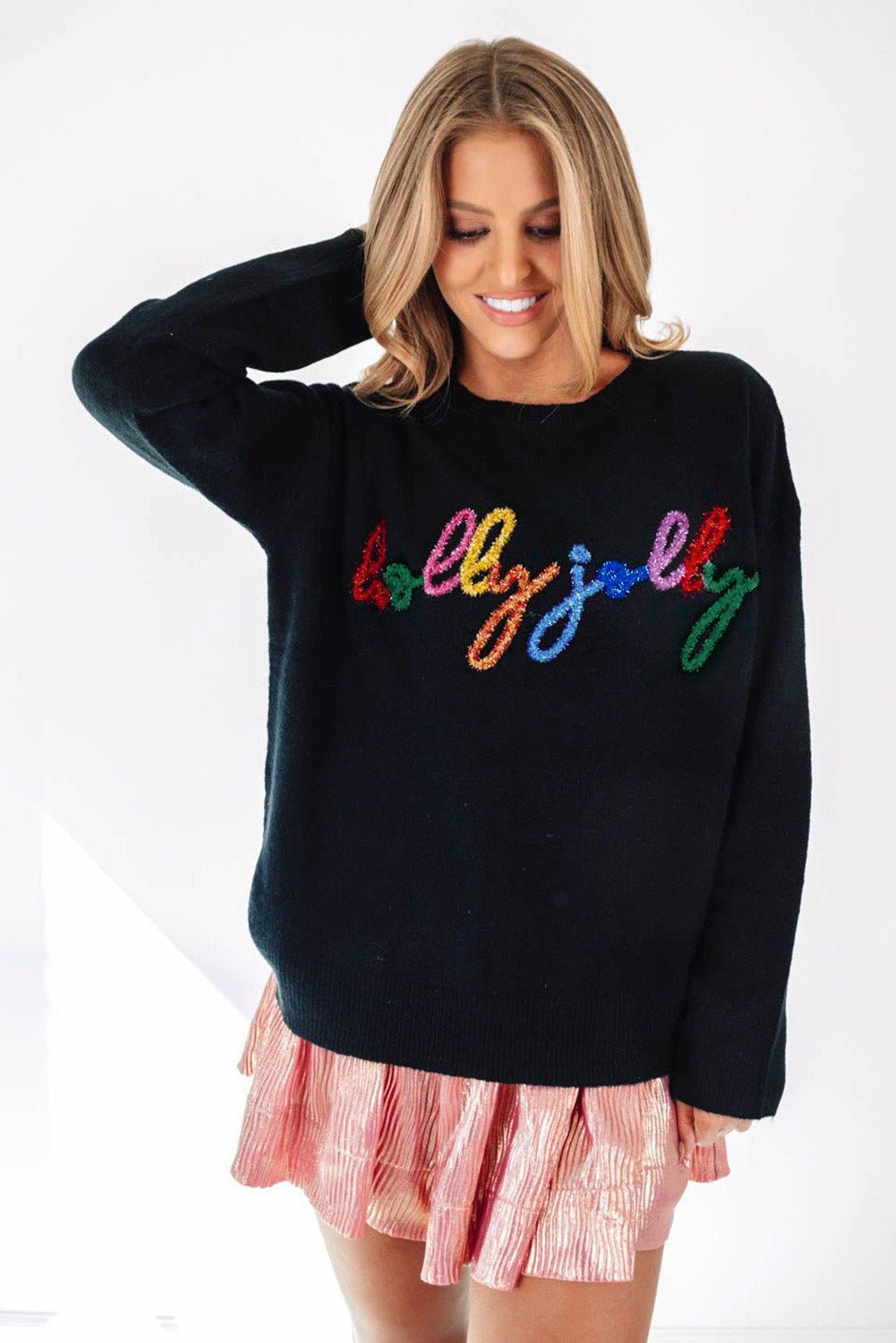 White XOXO Chenille Letter Round Neck Casual Sweater