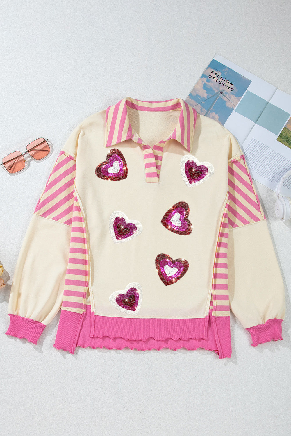 Pink Stripe Patchwork Sequin Heart Pattern Long Sleeve Collared Split Top