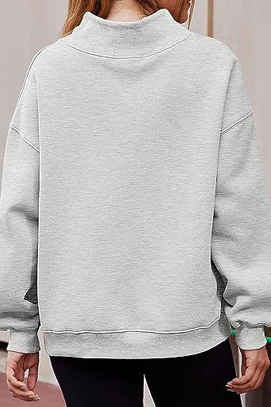Lenny Grey Solid Color High Neck Long Sleeve Loose Sweatshirt