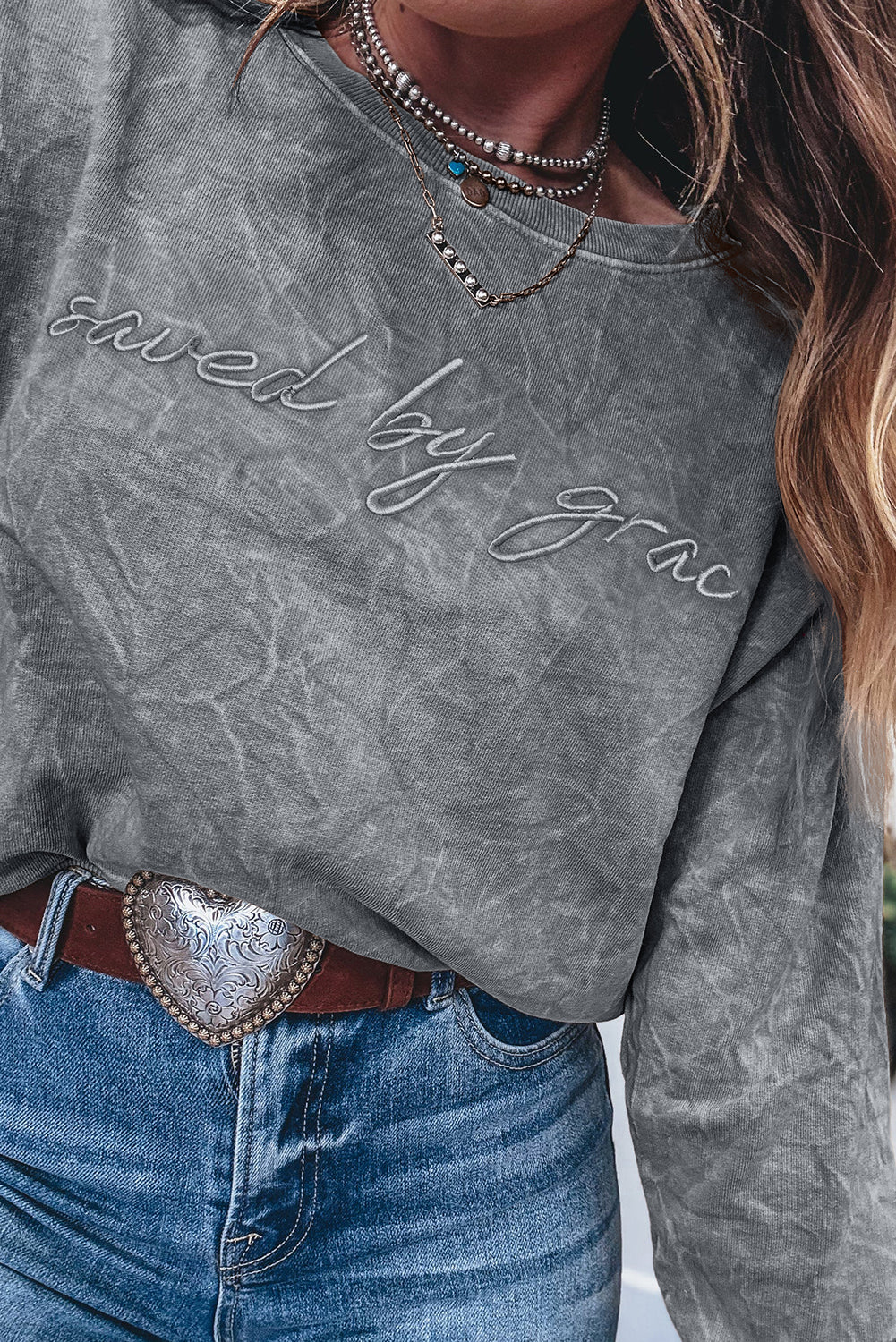 Sea Green  saved by grace Letter Embroidery Mineral Wash Loose Sweatshirt