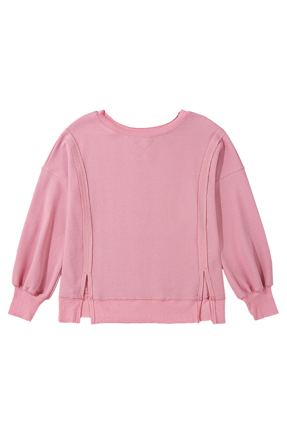 Pink Waffle Bishop Sleeve Split Oversized Sweatshirt