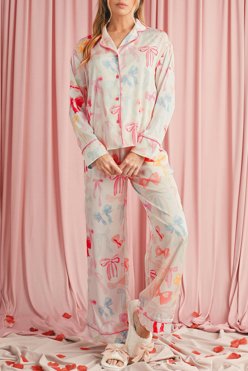 White Bow Print Lapel Collar Wide Leg Satin Pajama Set