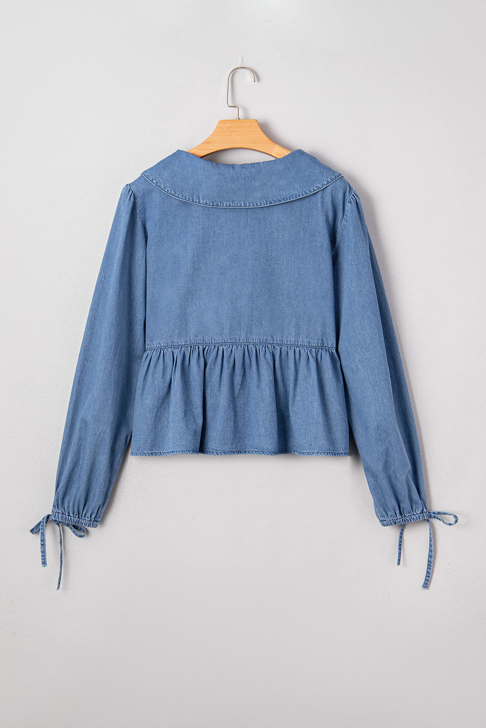 Deidra Blue Denim Lapel Neck Balloon Sleeve Tied Peplum Top