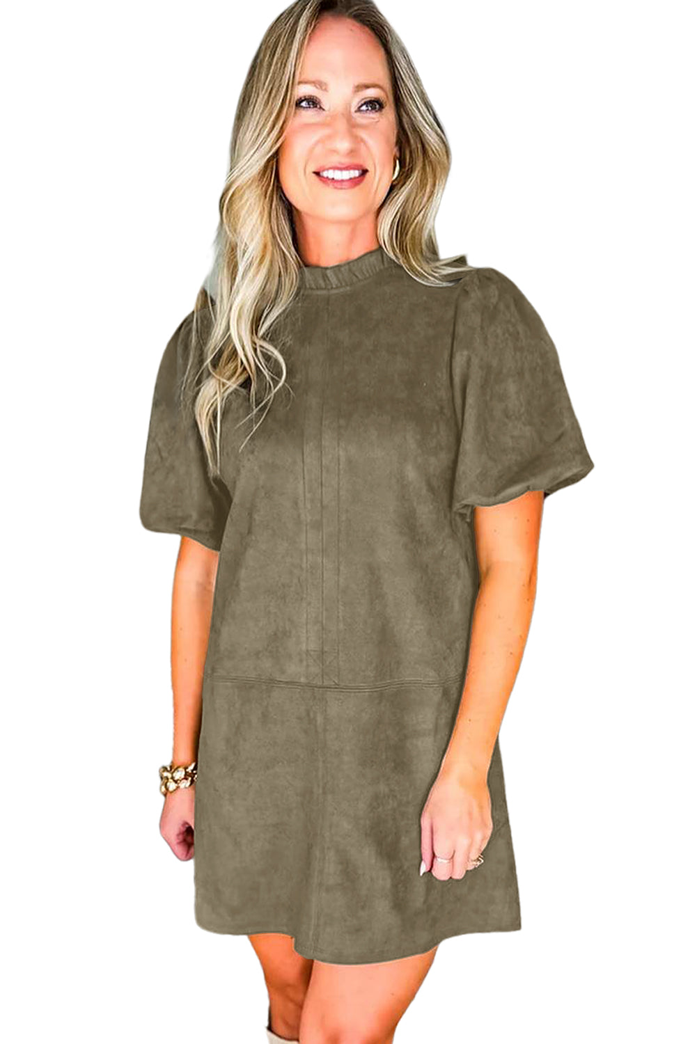 Moss Green Frill Neck Puff Sleeve Mini Dress
