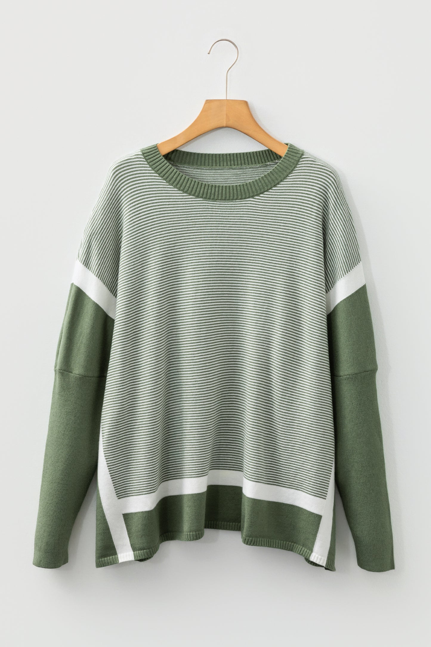Green Stripe Color Block Patchwork Dolman Oversize Tunic Sweater
