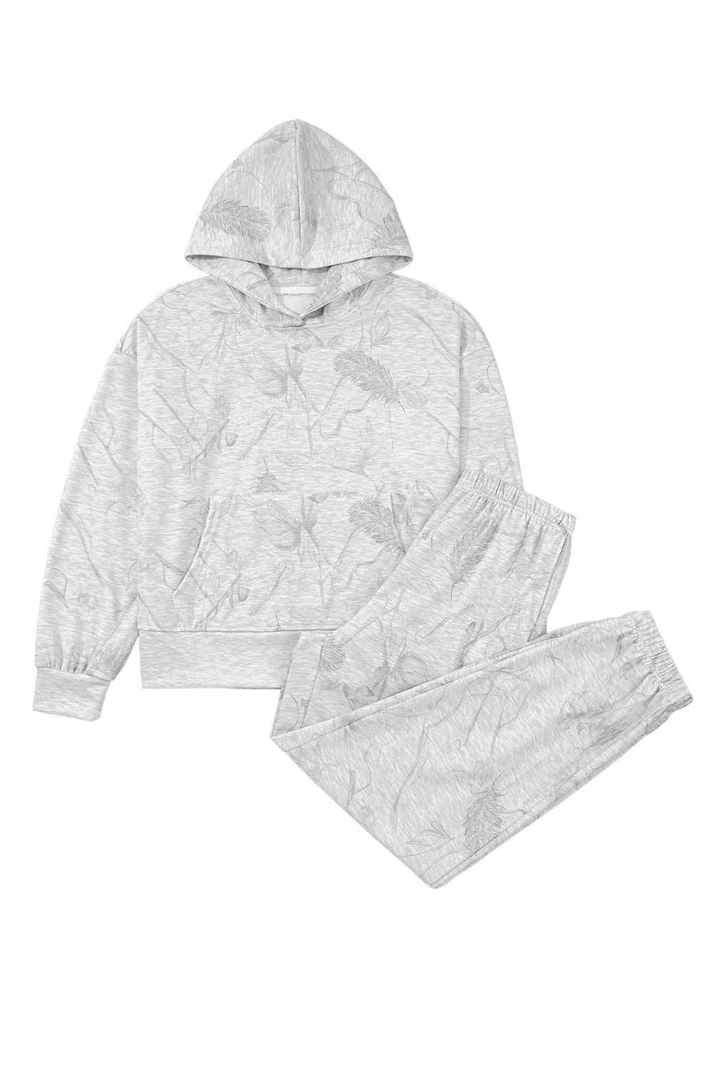 Light Grey Feather Camouflage Print Loose Drop Sleeve Hoodie and Pants Set